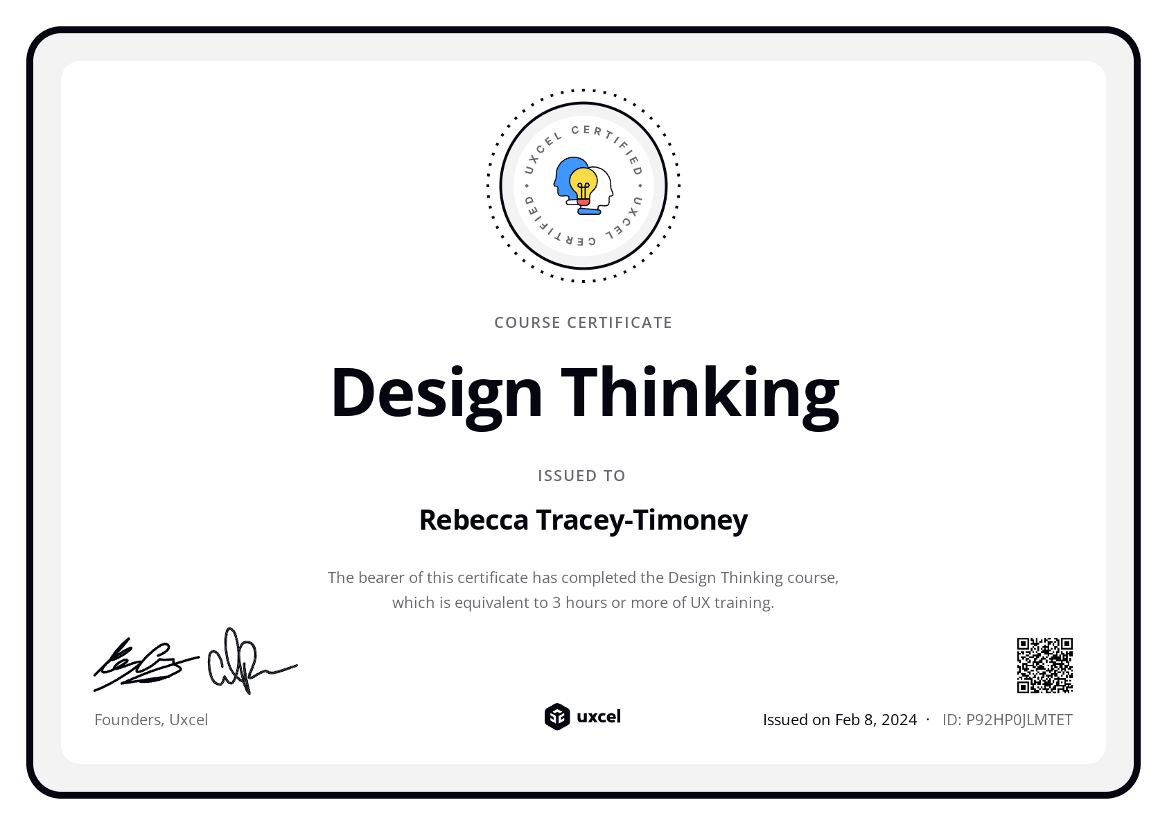 Rebecca Tracey-Timoney's certificate